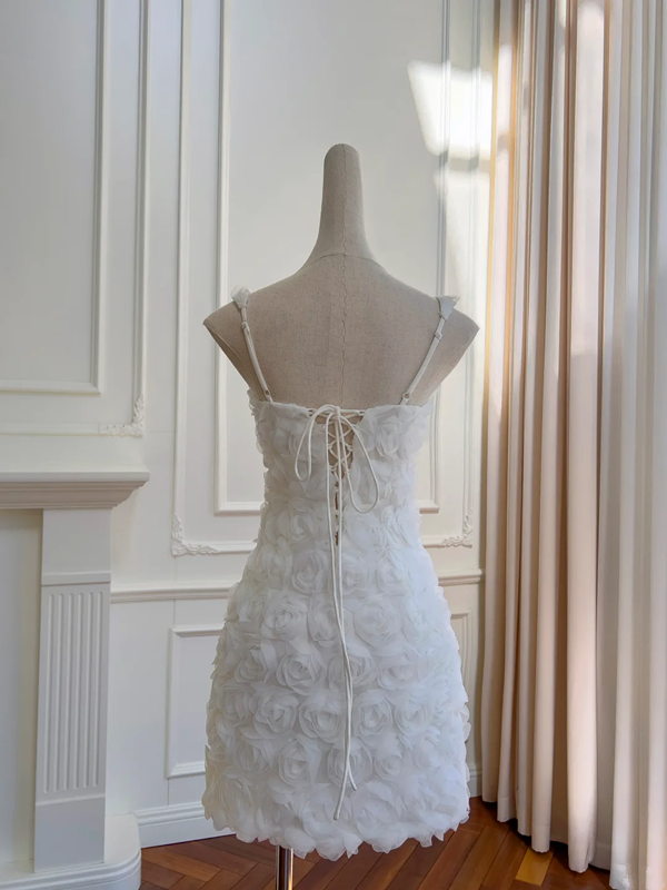 White suspenders three-dimensional flowers waist slimming short skirt homecoming dress R5045
