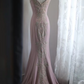 Light pink embroidered floral pattern fitted waist bodycon long ball gown R6696