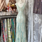 Light green sleeveless fitted satin long dress, ball gown R6336