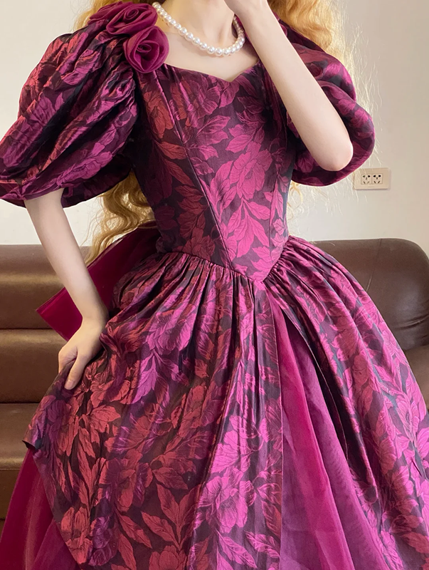 Fuchsia Puff Sleeve Waist-Cinched Puff-Skirt Ball Gown & Bridal Gown R7377