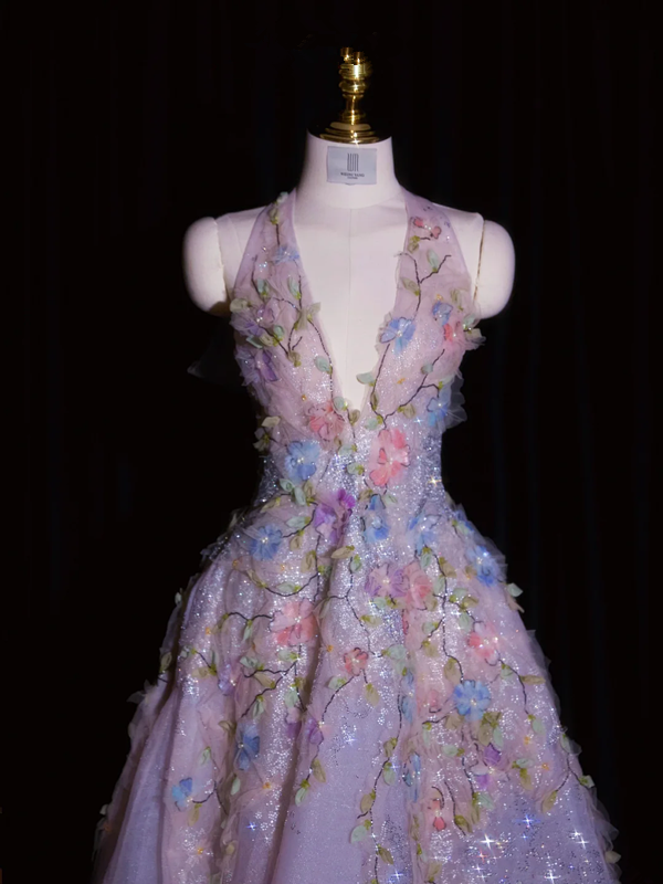 Pinkish-purple halter-neck fitted long ball gown, bridal dress R8952
