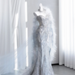 Light gray-blue strapless, fitted, bodycon, fishtail long ball gown R8431