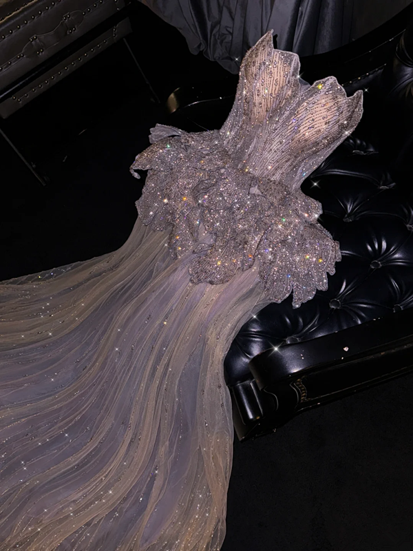 Light pink strapless silver sequined fitted long ball gown, bridal dress R8802