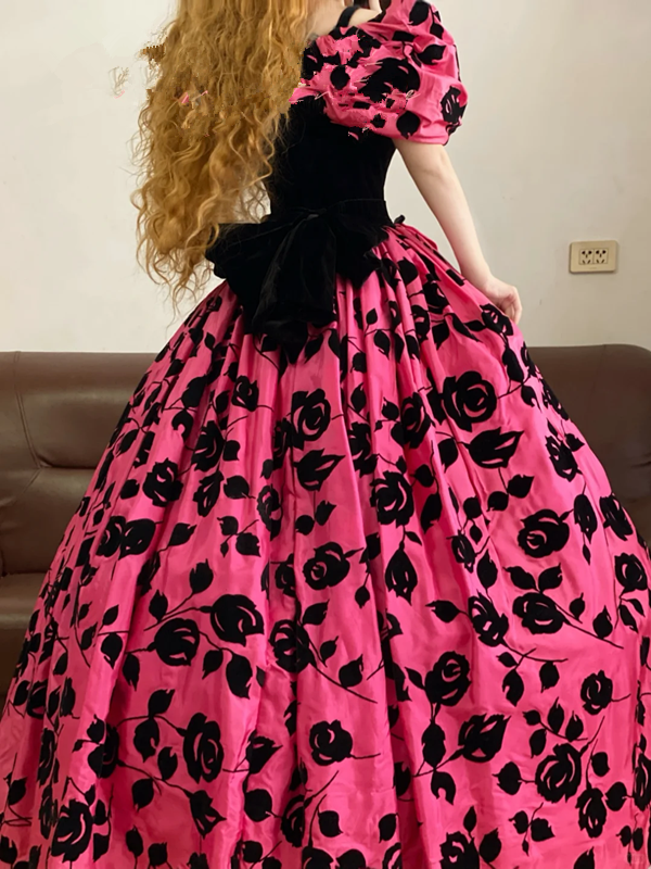 Pink Puff-Sleeve V-neck Waist-Cinched Elegant Puffball Skirt Ball Gown, Bridal Gown R7347