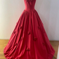 Red spaghetti-strap floor-length ball gown with a cinched waist and 3D rose details; bridal gown R7288