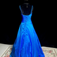 Blue halter-neck fitted long ball gown R8679