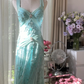 Light blue halter-neck, fitted, backless, long ball gown R7762