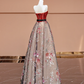 Red strapless fitted bodice with black lace floral print long ball gown R8401