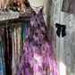 Purple strapless floral print maxi dress with a cinched waist and irregular hem, a ball gown R6296