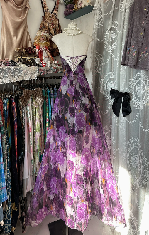 Purple strapless floral print maxi dress with a cinched waist and irregular hem, a ball gown R6296