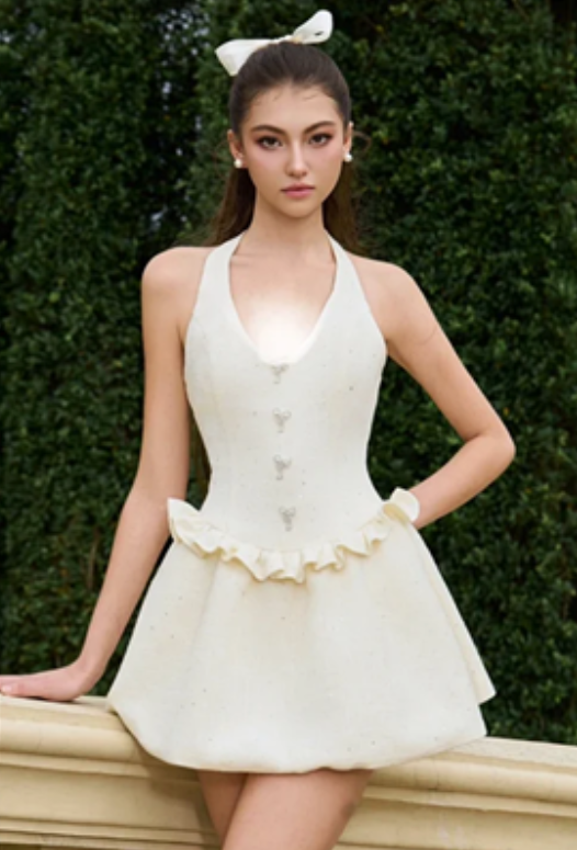 White halterneck waist formal bud design skirt short homecoming dress R4636