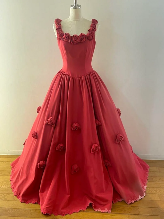 Red spaghetti-strap floor-length ball gown with a cinched waist and 3D rose details; bridal gown R7288