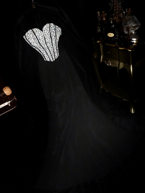 Black strapless sequined fitted long ball gown R6975