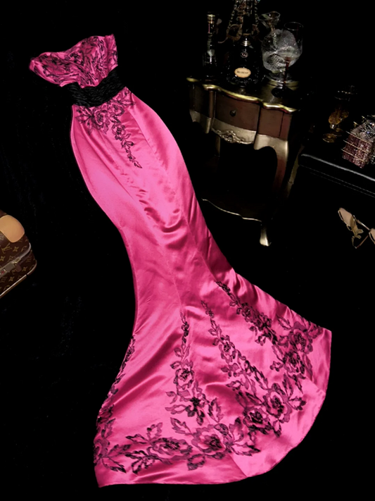 Rose pink strapless fitted waist bodycon sexy long ball gown R6935