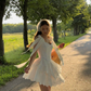 White suspender tie waist slim cake A-line short skirt homecoming dress R5465