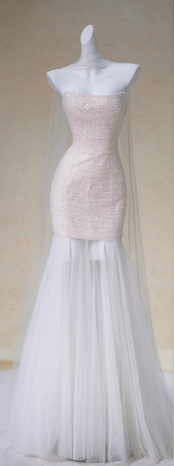 Pink tube top waist slim hip skirt white tulle bridal dress R5743