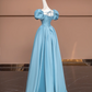 Blue puff-sleeved, fitted, long, elegant ball gown R8491
