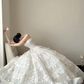 White strapless, waist-cinched, full-skirted long prom dress R7962