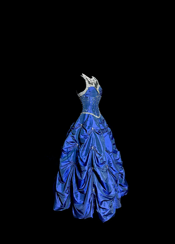 Blue halter-neck fitted long ball gown with a full skirt R6656