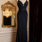 Navy blue halter-neck fitted long ball gown R6736
