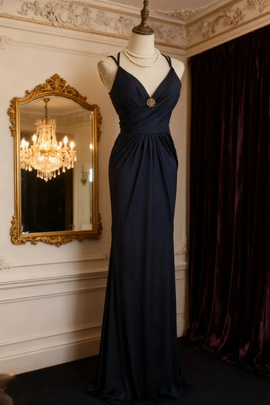 Navy blue halter-neck fitted long ball gown R6736