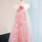 Pink halter-neck straight-cut long ball gown, bridal dress R9012