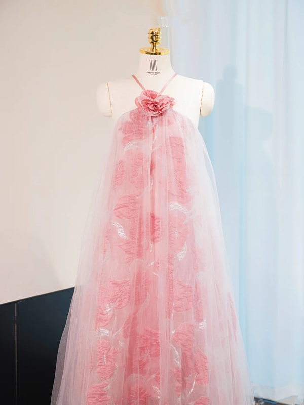 Pink halter-neck straight-cut long ball gown, bridal dress R9012