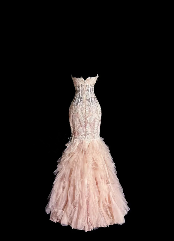 Light pink strapless lace bodycon long ball gown R6616