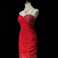 Red suspenders slim waist pleated hip skirt homecoming dress R5226