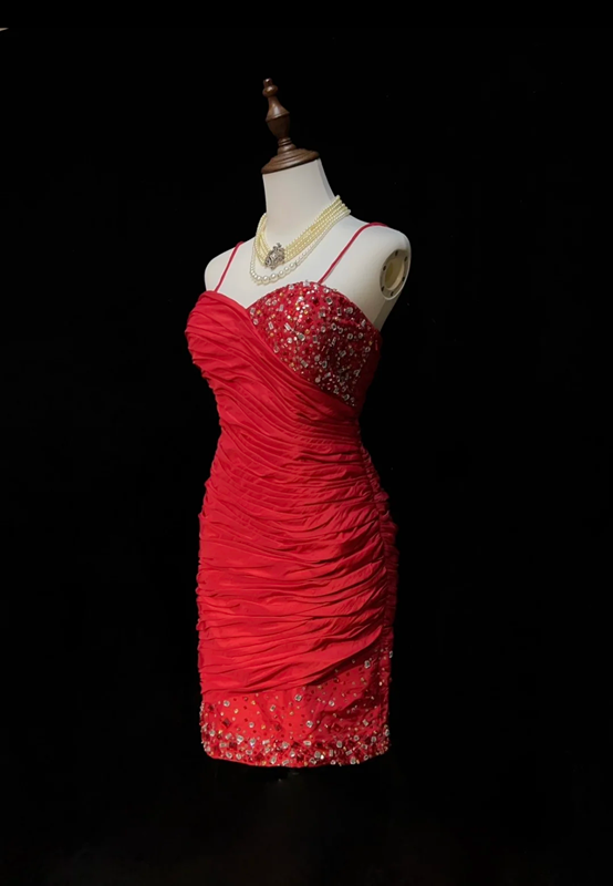 Red suspenders slim waist pleated hip skirt homecoming dress R5226