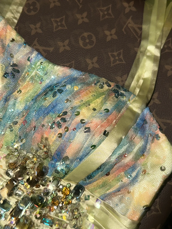 Yellow floral print halter-neck fitted long ball gown R7015