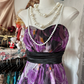 Purple strapless floral print maxi dress with a cinched waist and irregular hem, a ball gown R6296