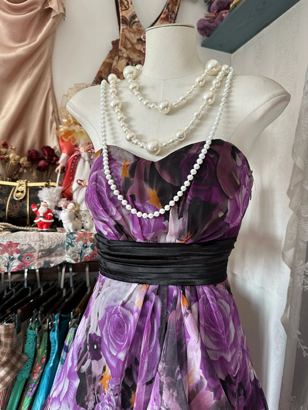 Purple strapless floral print maxi dress with a cinched waist and irregular hem, a ball gown R6296