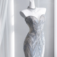 Light gray-blue strapless, fitted, bodycon, fishtail long ball gown R8431