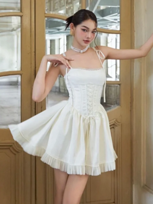 White suspenders waist slimming lively cute short skirt homecoming dress R4676