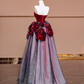 Red strapless, fitted, long ball gown with light pink and purple skirt; bridal gown R8377