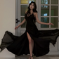 Black sequined halter-neck fitted long sexy ball gown R8862