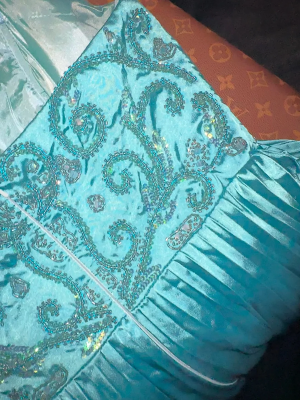 Lake blue strapless fitted satin long ball gown R6855