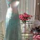 Light blue halter-neck, fitted, backless, long ball gown R7762