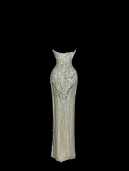 Silver sequined strapless waist-cinching bodycon sexy and elegant ball gown R8105