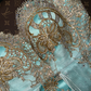 Lake blue dress with gold floral pattern, strapless, fitted waist, short ball gown R6895
