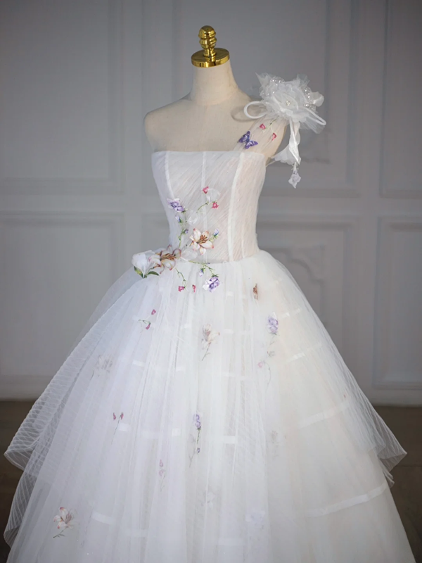 White tube top herringbone top flower puffy skirt long dress bridal dress R5858