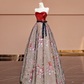 Red strapless fitted bodice with black lace floral print long ball gown R8401