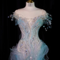 Light blue off-the-shoulder fitted waist bodycon long ball gown, bridal dress R8922