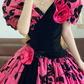 Pink Puff-Sleeve V-neck Waist-Cinched Elegant Puffball Skirt Ball Gown, Bridal Gown R7347