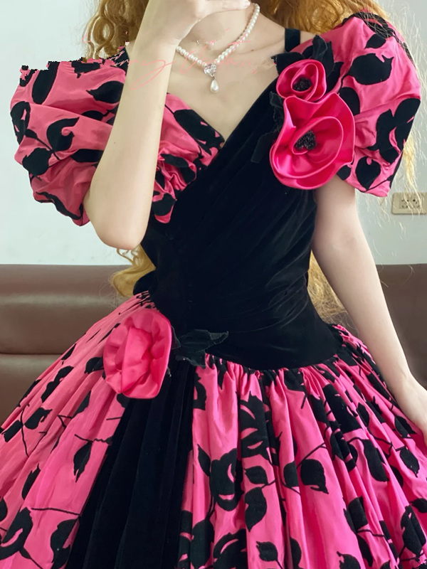 Pink Puff-Sleeve V-neck Waist-Cinched Elegant Puffball Skirt Ball Gown, Bridal Gown R7347