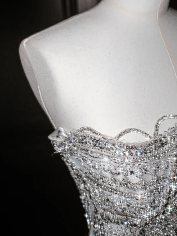 Silver sequined tube-top slim-waisted hip-hugging fishtail maxi skirt, prom dress R5661