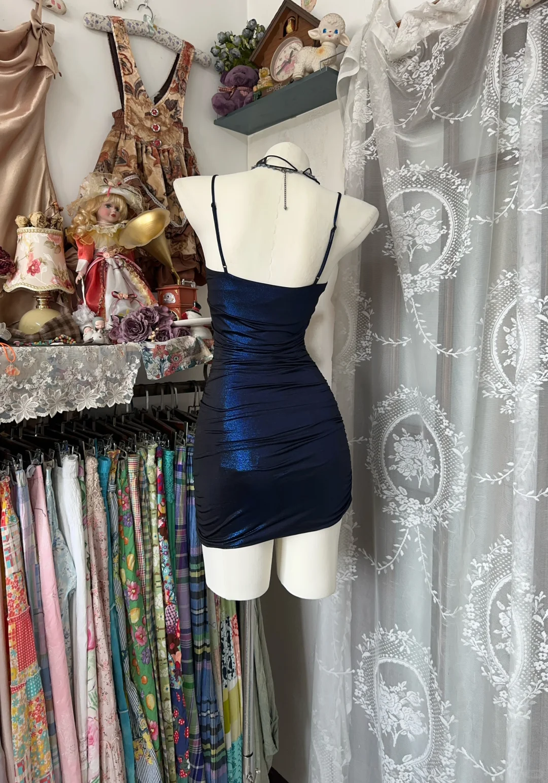 Dark blue suspender satin waist slim hip short skirt ball gown R6177