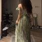 Gray-green off-shoulder fitted waist sexy long ball gown R8085