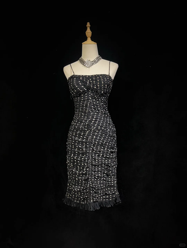 Black suspender polka dot pleated waist slim hip mid-length skirt homecoming dress R4923